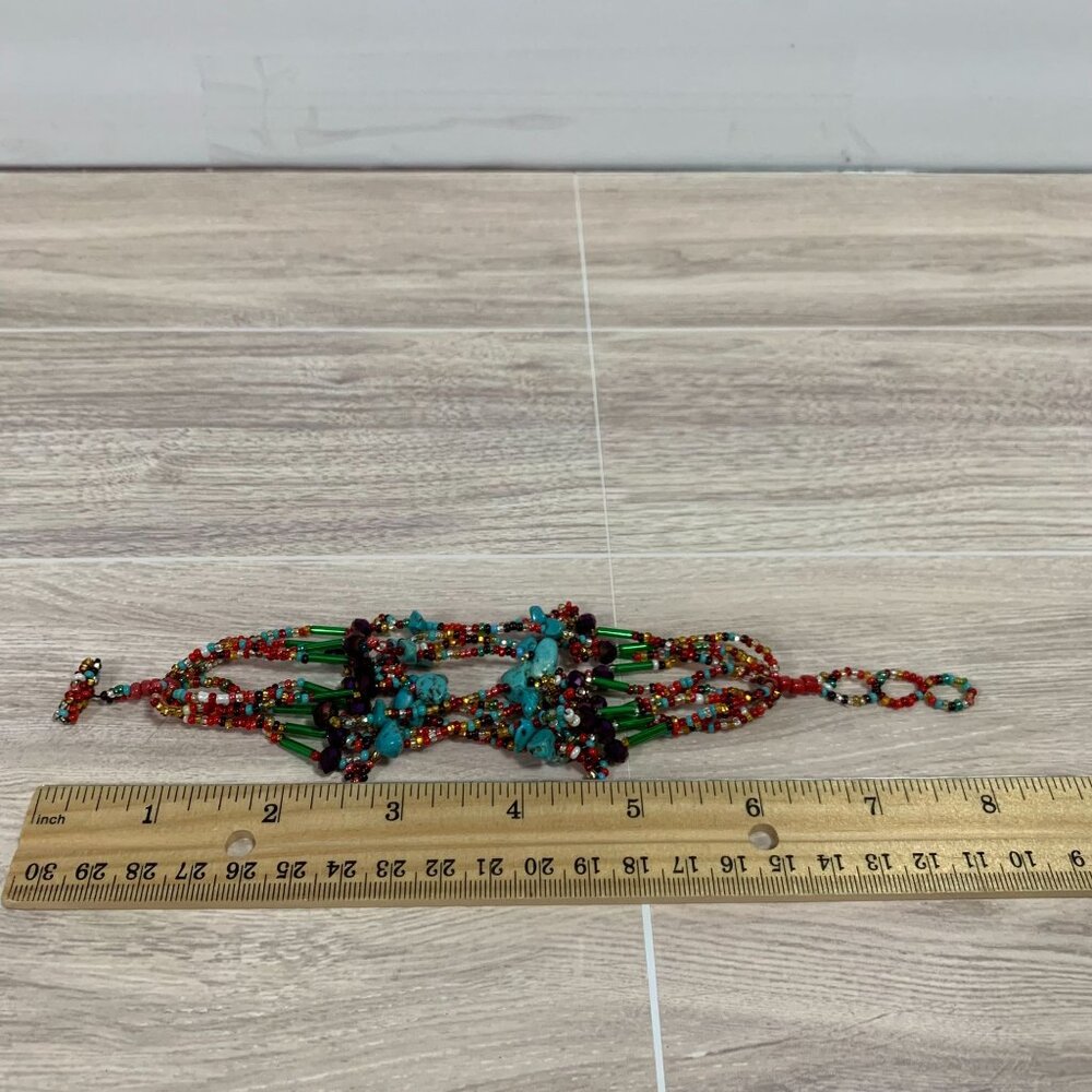 Glass Beaded Turquoise Multistrand Bracelet Beaded Toggle - Picture 11 of 11